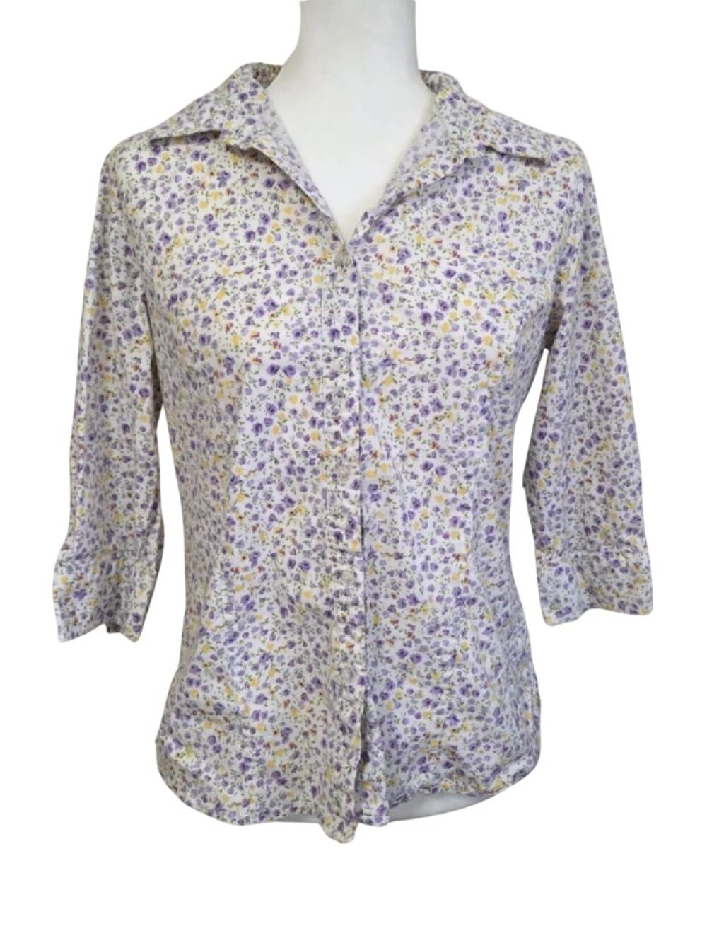 Denim&Co Floral Button Down Shirt - Purple and Yellow